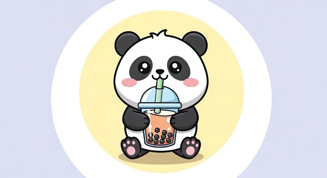 Adorable panda cartoon mascot drinking boba milk tea.