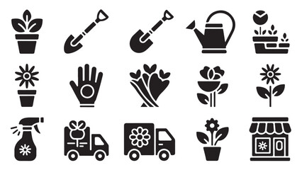 Gardening equipment icons including flower pots shovels watering cans and delivery trucks. © Tanvir