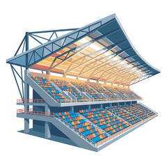 Fototapeta premium Modern Stadium Bleachers with Multicolored Seating Rows and Architectural Roof Structure for Sporting Events and Outdoor Public Venues