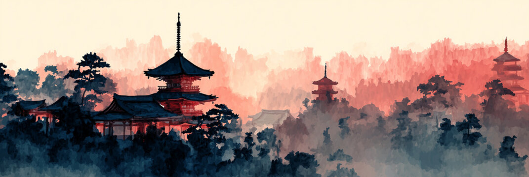 Watercolour Kyoto Sunset Skyline