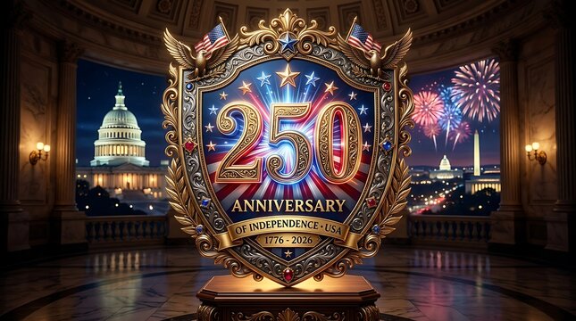 Ornate 250th anniversary shield for USA Independence with fireworks and capital city landmarks at night.