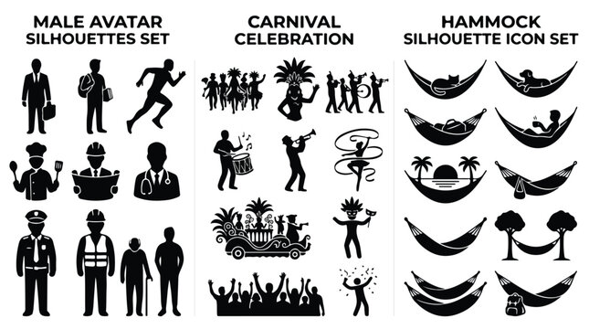 Black silhouette icon set, male avatar silhouettes, carnival celebration festival graphics, hammock silhouette icons for travel and leisure