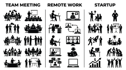 Obraz premium Business people icons set for team meeting, remote work and startup. Professional office silhouettes for corporate collaboration, video conference and entrepreneurship.