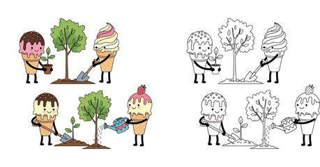 Obraz premium Cute Ice Cream Characters Planting and Watering a Tree - Environmental Cartoon Illustration Set