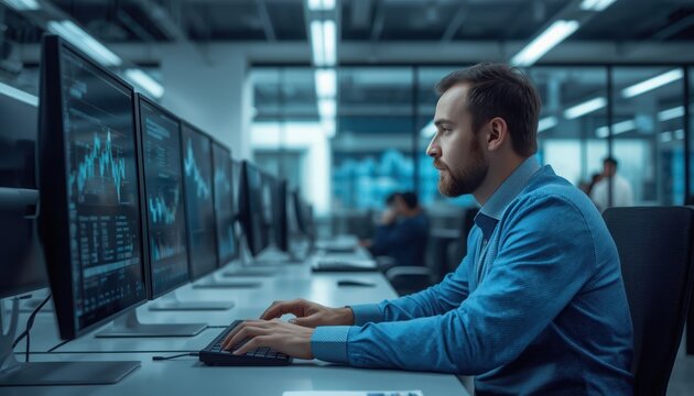 Focused financial analyst monitors real time market data and complex trading charts on multiple computer screens in a professional modern office environment