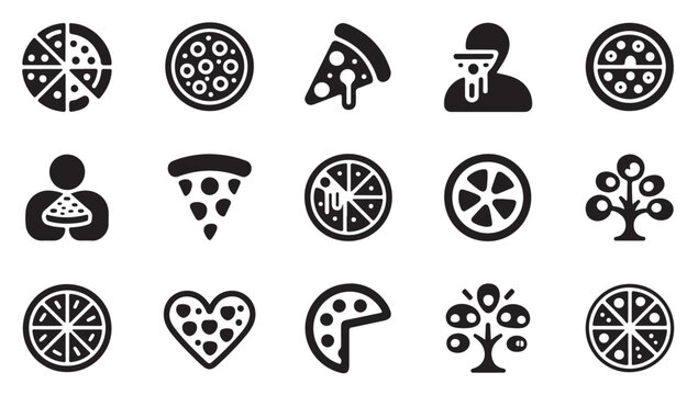 Delicious pizza food icons set in modern glyph solid design vector illustration design.