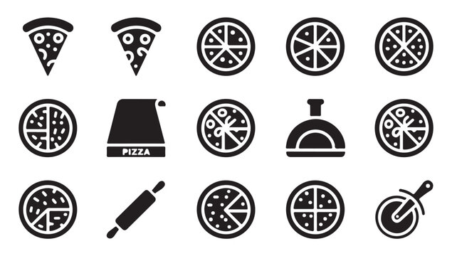 Pizza and cooking related icons set featuring slices wheels rolling pins and oven tools.