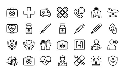 Naklejka premium First Aid Line Icon Set with Medical Emergency Healthcare Symbols Editable Stroke Vector Illustration