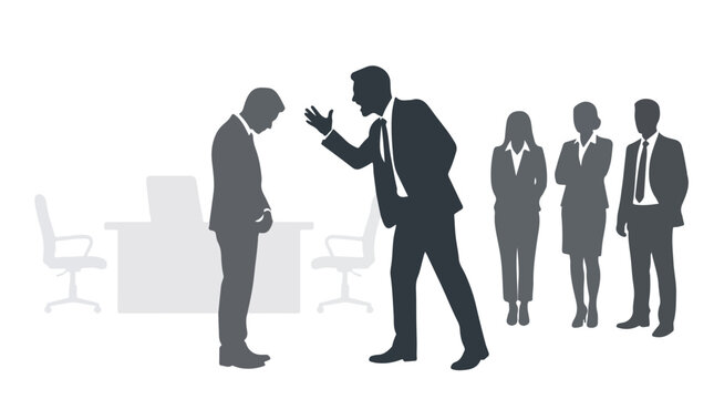 Angry boss shouting at employee silhouette, toxic workplace environment and office bullying, stressed worker being reprimanded by manager vector