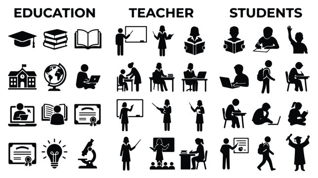 Education icon set with teacher and students, black school pictograms and academic symbols, 36 vector elements for learning and university design