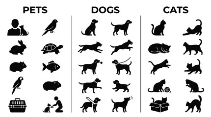 Fototapeta premium Minimalist pet icon set with dogs and cats, black silhouette animal symbols for veterinary clinics, domestic pet shop graphics and animal care vectors