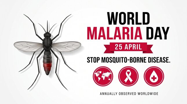World malaria day text with a mosquito image, red ribbon, and earth graphic, all on a white backdrop plain white background and png