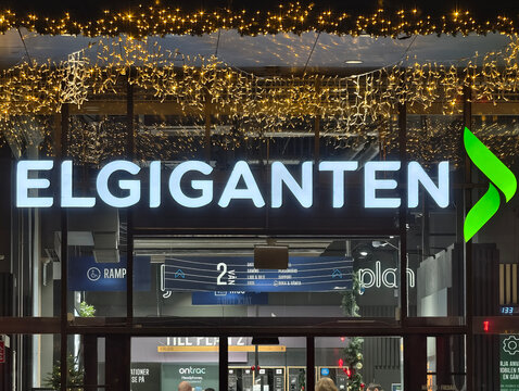 Stockholm, Sweden-Nov.27th 2025: Elgiganten brand logo store sign