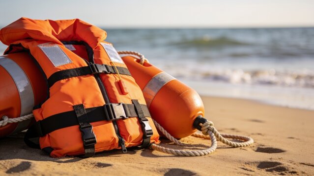 Water safety equipment with life jacket and rescue buoy on sandy shore