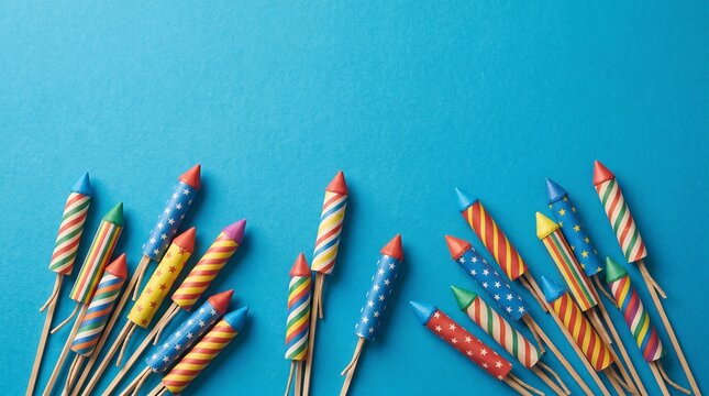 An engaging flat-lay composition featuring a collection of traditional wooden-fused rocket fireworks clustered at the bottom of the frame. The rockets feature decorative paper tubes adorned with vario
