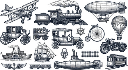 Vintage Transportation and Antique Vehicle Engraving Vector Set Featuring Steam Train Biplane Zeppelin Submarine Classic Car and Sailing Ship Logo Graphics © Sultana