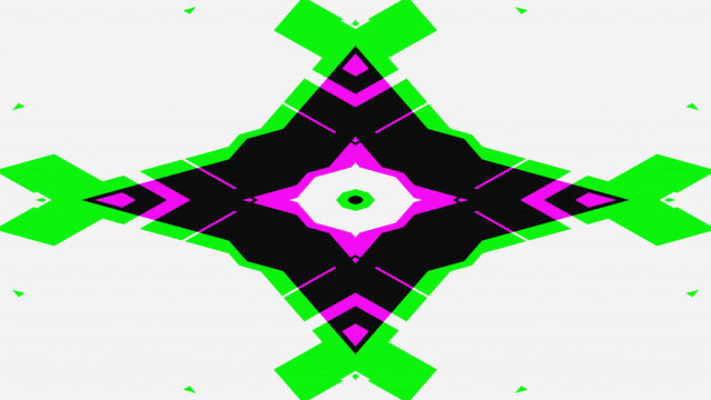 Neon green and magenta geometric glitch with sharp diamond shapes and scanline distortion on white background. Abstract digital texture suits Y2K fashion and vaporwave poster design.