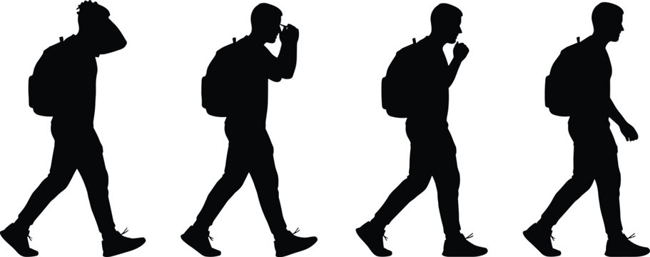 Side view silhouette set of a young man with a backpack walking, male student in various motion poses isolated, comma
