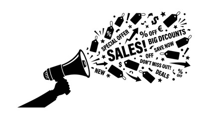 Megaphone sales announcement illustration with big discounts and special offers graphic © Vector Saga