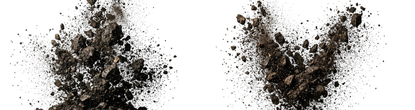 Explosion of dark soil or dirt isolated on transparent background