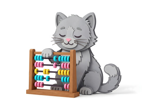 Adorable cartoon cat using colorful wooden abacus toy