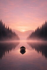 Fototapeta premium Serene boat amidst misty sunrise.