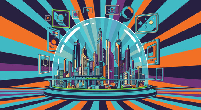 Abstract cityscape inside protective dome with retro background elements