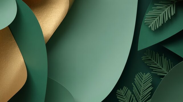 Elegant abstract natural composition featuring flowing emerald green and golden wavy shapes with stylized pine branches