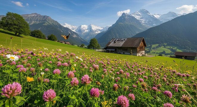 Swiss Alps meadow with red clover flowers and wooden mountain hut under snowy peaks
