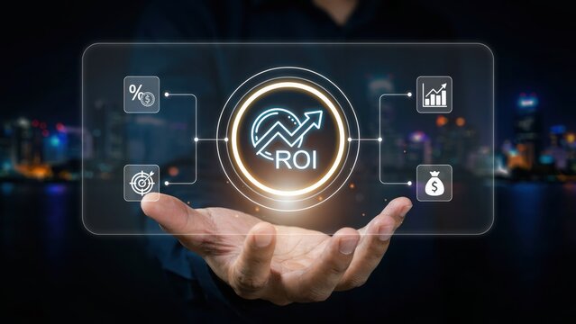 Hand holding a digital tablet screen with roi investment growth icons and charts