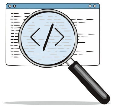 Code Inspection with Magnifying Glass Inspecting Text on Screen, Web Development Concept, Computer Programming