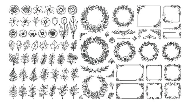 Hand drawn floral frames and botanical wreaths set, black ink line art flower borders and leaf elements, elegant wedding invitation vector graphics
