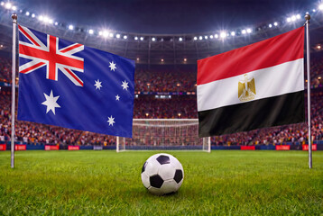 Fototapeta premium Australia vs Egypt, national flags before international football tournament Round of 32 match, football on green grass with goal in the background, Arlington, Texas, USA, July 3, 2026