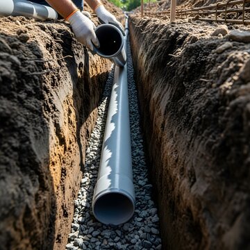 Construction worker laying large diameter plastic drainage pipes in gravel trench at building site.