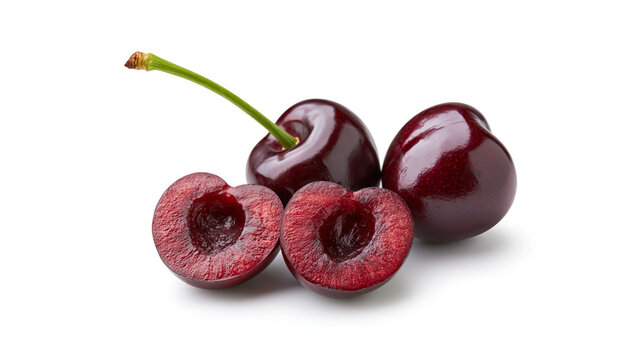 High-resolution macro studio shot of fresh dark red cherries featuring whole fruits and a sliced half isolated on a clean white background