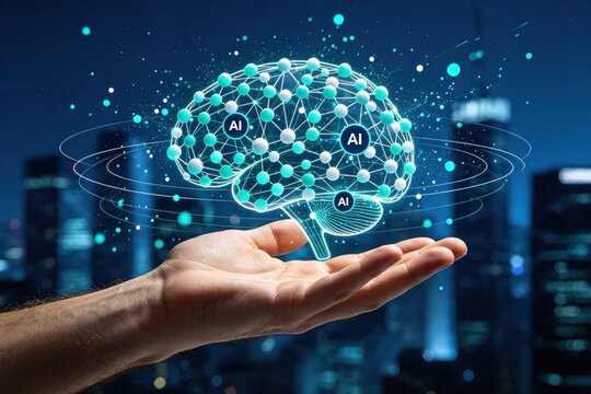 Glowing Holographic Brain Structure with Neural Nodes Floating Above Open Palm, Abstract Artificial Intelligence Mind Map