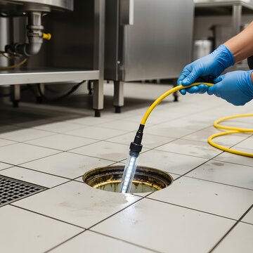 Industrial plumber using professional inspection camera with led light to check drainage pipe system.