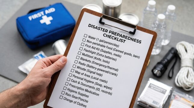 Disaster preparedness checklist on clipboard, emergency survival kit with first aid bag and supplies, safety planning for natural disasters