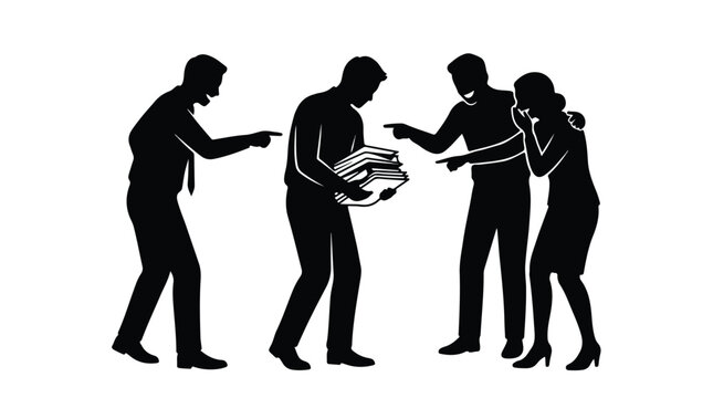Workplace bullying silhouette vector, colleagues mocking and pointing at stressed employee, toxic office environment and harassment concept