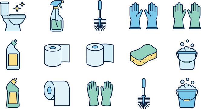 Cleaning Supplies and Bathroom Hygiene Icon Set with Detergent Bottles Spray Sponge and Gloves for Housekeeping Graphic Designs