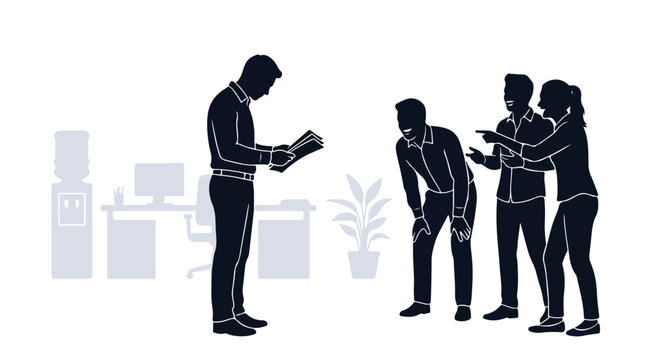 Toxic workplace culture silhouette vector, coworkers mocking and laughing at colleague in office, bullying and harassment at work concept