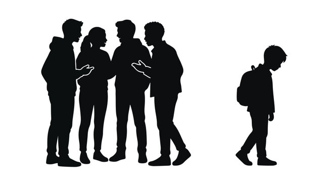 Social exclusion silhouette of lonely boy ignored by group of teenagers, school bullying and peer pressure concept, sad child walking away from friends