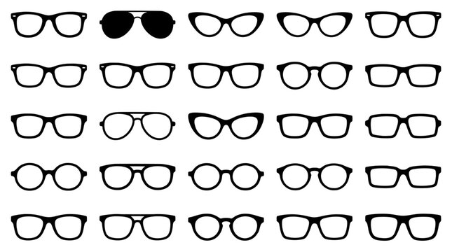 Set of various black eyeglass silhouettes including aviator, cat eye, and round frames isolated on white background.