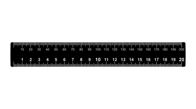 Black ruler with centimeters and millimeters measurement scale isolated on white background