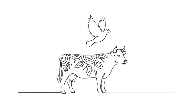 A continuous line art drawing featuring a cow with mandala patterns and a flying bird.