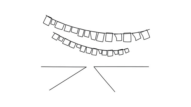 Hand drawn sketch of two strings of hanging flags above a simple road perspective.