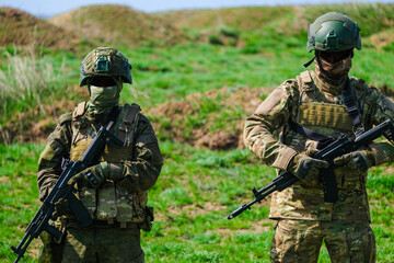 Fototapeta premium Modern Russian soldiers during training at the training ground