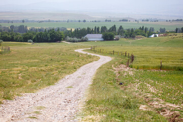Fototapeta premium Winding gravel path cuts through green grassy field
