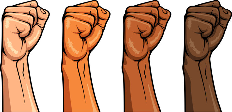 raised clenched punching fist set or 4 multiple races white black brown illustration vector on transparent background