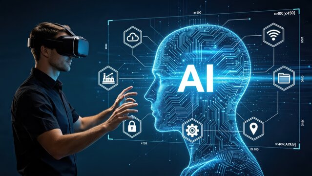 Man wearing VR headset interacting with futuristic AI hologram, digital brain interface concept, artificial intelligence technology and virtual reality connection